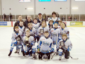 Contributed Photo
The Delhi Physiotherapy Atom Local league Rockets recently won silver at the Riverside Rangers Families First House league Tournament. Pictured are, front row: Kyle Watts, Michael Wong and Jarren Cote. Second row: Nathan Cnockaert, Alex Ash, Makenzie Rutherford, Audrey Jayne and  Hallee Knelsen. Third row: Jacob Schooley, Adrien Patenaude, Nicholas Johnson and  Kole Lawson. Back row: coaches Henry Knelsen, Rob Johnson, Shawn Watts and Kyle Stackhouse.