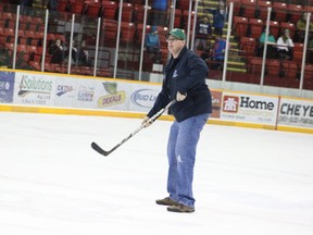 Mark Zosel watched his puck go during the final round of the Cheyenne GM Shoot To Win a Spark contest during the second intermission of the Melfort Mustangs’ 5-1 win over the Yorkton Terriers on Friday, February 22 at the Northern Lights Palace.