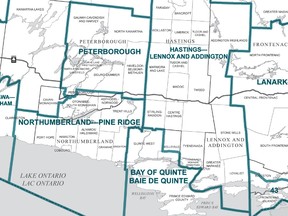 Some of the proposed new electoral boundaries are shown here. Locally, Quinte West, Prince Edward County and Belleville, south of Highway 401 have been included in a new Bay of Quinte riding.