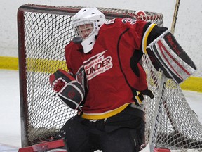 Airdrie Thunder goalkeeper Kade Taplin keeps his eye on the puck after making a clutch save in a 5-4, Game 2 victory over Red Deer Vipers at the Ron Ebbesen Arena Sunday afternoon. 
JAMES EMERY/AIRDRIE ECHO