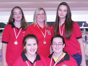 The junior girls team will bowl at Towne Bowl in Kitchener for the provincials. In front, from left, are Kelsey Burke and Jenna Morrison. At back are Madison Tardif, coach Carrie Cooper and Sabrina Gatien.