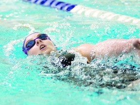 Stratford's Renee Dijk competes in a backstroke race for the Wilfrid Laurier Golden Hawks at the Canadian university championships in Calgary last week. Dijk led the Hawks to all 26 points they accumulated as she finished eighth in the 50 metre backstroke, ninth in  100 back and 11th in 200 back. (Photo courtesy Matt Tonkin)