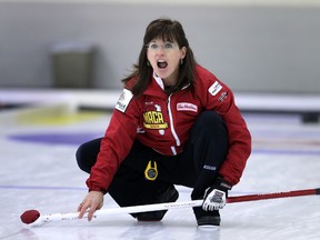 Cathy King, shown here practising before February's provincial senior championships, willbe inducted into the Canadian Curling Hall of Fame June 14. (Perry Mah, Edmonton Sun)