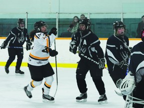 Saints forward Nicole Laramee stands in front of the net during a game against West Kildonan earlier this season. (Kevin Hirschfield/PORTAGE DAILY GRAPHIC/QMI AGENCY)