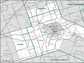 Source: Federal Electoral Boundaries Commission

The latest proposal for changes to the federal riding of Brant will see a section in the west moved into Oxford riding and a section in the north moved into Cambridge riding.