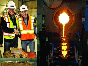 Detour Gold president and chief executive Gerald Panneton and senior vice-president Pierre Beaudoin congratulate each other after the first four bars of gold were poured at the Detour Lake mine.