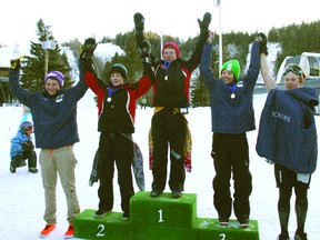 Alex and Sam Duff of Pembroke topped the podium following their slalom race on Jan. 27 at Edelweiss, Que., having won gold and silver medals. Alex Duff was first, Sam Duff second, Nicholas Caves of Camp Fortune third, Lake Korte-Moore of Camp Fortune in fourth, and Louis Kremer-Short of Camp Fortune in fifth.