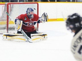 Trenton Golden Hawks' Truman Landowski rips a shot over the left shoulder of Kingston Voyageurs' goalie Colin Dzijacky during the Hawks' 9-2 thrashing of the Vees in the Ontario Junior Hockey League regular season finale for both clubs, Saturday at the Community Gardens.