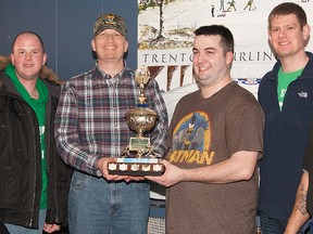 Winners of the ATESS bonspiel, held recently at Trenton Curling Club, were from the left: MCpl Angelo Galeazza, Pte J Le Corre, LCol Colin Selkirk, CO ATESS, Cpl Michael Cook, Cpl Andrew Hooker, and event organizer CWO Steve Godin.