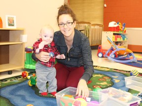 Allison Schuler, child care provider at the Child Development Centre at TR Leger School holds Raeden, 1, whose mother Elizabeth is attending classes at the school.
Emma Taylor for Gananoque Reporter