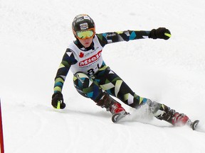 Batawa U16 Bombers' David Coates steers around a gate during a giant slalom race Saturday at the Alpine Ontario U16 Division 3 finals at Huntsville's Hidden Valley Ski Resort.