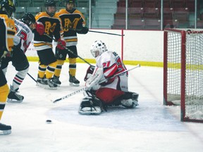 St Thomas Aquinas goalie Ben Dennis makes the intial save but sends the rebound to the waiting Fort Frances player, fortunately he missed the net. The Saints tied the Muskies 4-4.
GRACE PROTOPAPAS/Daily Miner and News
