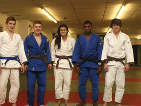 Airdrie Judo Club members, from left: Greg Cooper, Brandon Martin, Cassidy Norris, Darren Elock and Justin McEachern, won a combined five medals at the Pacific International tournament in Richmond, B.C.

CHRIS SIMNETT/AIRDRIE ECHO