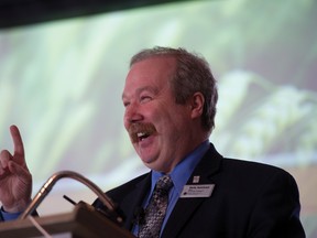 Rocky View County Reeve Rolly Ashdown addresses the Airdrie Chamber of Commerce during his first-ever State of the County speech at the Woodside Golf Course on Feb. 20. He said Airdrie and RVC are very similar. 
JAMES EMERY/AIRDRIE ECHO