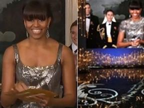The image on the left shows U.S. First Lady Michelle Obama announcing the Best Picture Oscar to Argo live from the Diplomatic Room of the White House, February 24, 2013. On the right is a Fars news agency's digitally altered version of an image showing Obama on stage at the Oscars. (Youtube screengrab/Reuters photo)