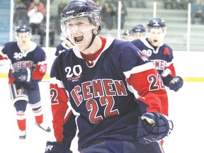 Zak Littlechild celebrates his second period goal against the Fort Sask Hawks Feb. 22. The Icemen would unfortunately lose their opening playoff game 6-4.