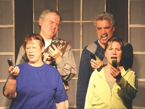 Jason Morrow, Dario Laurenti, Kathy Carre and Theresa Laurenti on-stage cast of  ‘Looking” will be hitting the stage for one more pre-festival Espanola performance of  the play on Saturday, March 9 in the Espanola High School B-1 auditorium with a 7 p.m. curtain. 
Photo supplied