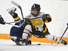 Langton's Stefan Vandendriessche tangles with a Plattsville player Monday night along the boards. Plattsville took a 2-0 lead in the OMHA DD six-point semifinals. Game 2 is Saturday in Plattsville, and Game 3 back in Langton on Sunday at 6 p.m. CHRIS ABBOTT/TILLSONBURG NEWS