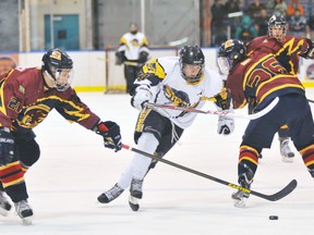 EDDIE CHAU Simcoe Reformer
Braden Roberts, centre, of the Simcoe Storm, tangles for the puck with Sean Hergott and Connor Voigt of the New Hamburg Firebirds during a game Feb. 24 at Talbot Gardens.