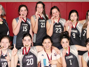 Contributed Photo
Holy Trinity's junior girls volleyball team won first place at the AAA CWOSSA classic in Orangeville on Feb. 21. Pictured are, front row: Madeline Goch, Filipa Leitao, Katherine Fugere, Raquel Pereria and Kyla Boutin. Back row: coach Rosalie MacNeil, Bailey Ratcliffe, Megan Kalliokoski, Madison Hill, Sophia DaSilva and Breanna McCann-Wiilliams.