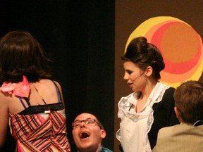 During the friday performance of I’ll Love you somehow performed by the Ignite Youth Group, Thornton Murdock (TJ Lueken) is carried off stage protesting loudly by (l-r) Monica, aka Nicki (Katelyn Clair), maid Naomi Schuyler (Anna MacDonald), Doctor Douglas Proctor (Aidan Goodall) and leading man Jason Kingsley (Thomas MacDonald). The play was well attended and earned lots of laughs from the audience.