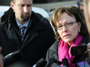 Teresea Bateman, mother of Brenden Holubowich, speaks to the media outside Grande Prairie Provincial Court Wednesday. (Adam Jackson/Daily Herald-Tribune)