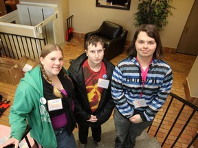 Lindsay Jowett, left, Ryan Wraight and Sara Weaver attended the 2013 Classroom Closet conference in Sudbury on Wednesday, February 27, 2013. (JOHN LAPPA/THE SUDBURY STAR)
