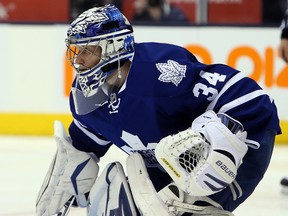 Maple Leafs goaltender James Reimer played backup to Ben Scrivens on Wednesday night at the ACC after missing seven games due to injury. (Toronto Sun/Files)