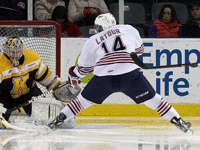 Kingston Frontenacs goalie Mike Morrison stops Oshawa Generals’ Bradley Latour on a breakaway during Ontario Hockey League action at the K-Rock Centre on Wednesday night. (Ian MacAlpine/The Whig-Standard)