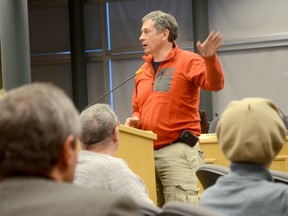 TRENTON, ON (02/27/2013) Dave Lundy, representing the Ontario Health Coalition, speaks to a packed room at Quinte West City Hall during a town hall meeting Wednesday, Feb. 27, 2013., regarding proposed cuts at Quinte Health Care. 
EMILY MOUNTNEY/TRENTONIAN/QMI AGENCY