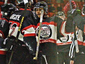 DARRYL G. SMART, The Expositor

The Brantford Blast celebrate a goal in Game 3 at the civic centre against the Orillia Tundras in their Allan Cup Hockey semifinal series. Game 5 is Friday night at the civic centre.