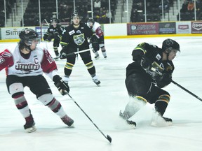 Terriers captain Kajon McKay makes a move during Thursday's game. (Kevin Hirschfield/PORTAGE DAILY GRAPHIC/QMI AGENCY)