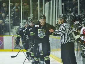 Terriers defenceman Cole Hamblin celebrates his second goal of the night in a 4-1 Portage win over Selkirk. (Kevin Hirschfield/PORTAGE DAILY GRAPHIC/QMI AGENCY)