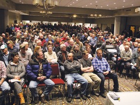 STEPHEN UHLER stephen.uhler@sunmedia.ca
More than 400 people packed this room at the Best Western Inn and Conference Hall to attend a public meeting about the possible impact of the Algonquin Land Claim. Hosted by the Ontario Federation of Anglers and Hunters (OFAH), the Canadian Sportfishing Industry Association (CSIA) and the Federation of Ontario Cottagers’ Associations (FOCA), the meeting was to encourage people to get more informed about it and to voice their opinions about it. For more community photos, please visit our website photo gallery at www.thedailyobserver.ca.