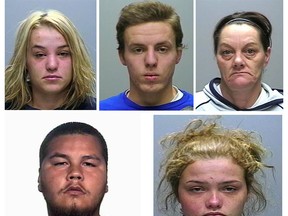 Sarnia police released this list of five fugitives wanted for a number of different charges. Pictured are: (Top, left to right) Amanda Louise Bermingham, 22; Dominic Michael Glen Kozlof, 18; Terri Lynn Quaid, 46; (Bottom, left to right): Sean Allen Rogers, 28; Leanne Doris Vansickle, 21. SUBMITTED PHOTOS/ FOR THE OBSERVER