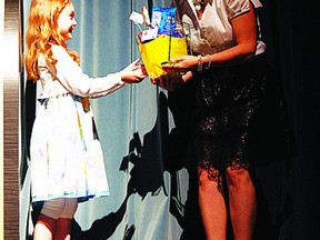 Grade 3 student Avery Gosse presents her teacher, Kelley Mitchell, with a candy bouquet for her dedication to teaching at the High Five Awards held at Festival Place in 2012. The awards ceremony allows students in kindergarten to Grade 12 to recognize adult mentors in their lives.