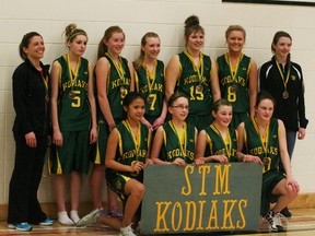 The STM kodiak girls with their bronze medals: back, l-r, coach Toni Craig, players Courtney Vasseur, Amy Caspar, Bobbie-Ann Craig, Brittany Bieleski, Thalia Giles, Lisa Fox (Assistant Coach), front,   Carissa Oreto, Ceara Dettling, Sammy Blake, Ashtyn Wald.