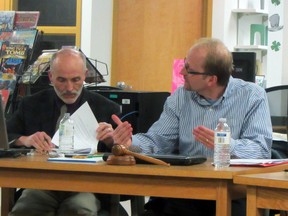 Assistant superintendent Mike Mauws and board chair Preston Meier pictured during Thursday's meeting of the board of trustees where the redesign of the division's websites was announced. It is expected they will be completed sometime this year. (ROBIN DUDGEON/PORTAGE DAILY GRAPHIC/QMI AGENCY)