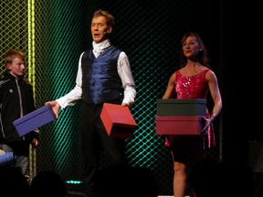Illusionists Ted (centre) and Marion Outerbridge (right) during their Outerbridge: Clockwork Mysteries Masters of Illusion show at the Lester B. Pearson Centre on Thursday, Feb. 28 in Elliot Lake. 
Photo by JORDAN ALLARD/THE STANDARD/QMI AGENCY