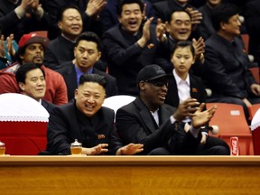 North Korean leader Kim Jong-un and former NBA star Dennis Rodman watch an exhibition basketball game in Pyongyang, North Korea, Feb. 28, 2013. (Reuters/Vice/Handout)