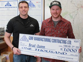 GORF Contracting offered a $1,000 reward for any worker who could give up smoking for a year. Brad Quinn was the first to cross the finish line. There are still a handful of employees still working towards their one-year mark, but general manager Mark Norkum Jr. is happy to hand over however many $1,000 cheques are required to help encourage his staff to lead healthy lifestyles. From left are Mark Norkum Jr. and Brad Quinn.