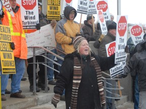 Protestors gather outside the Huron County Courthouse Friday in opposition of wind turbines.