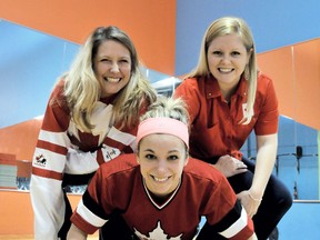 Amy Hurst, left, and Lindsay LeClair are ready to crush Jaleesa Russell, centre, and her sister Jenny Woodhouse (not pictured) in their bid to secure a spot on The Amazing Race Canada.The four women submitted their video entries and are waiting to hear if they've made the cut.  (DIANA MARTIN, The Daily News)