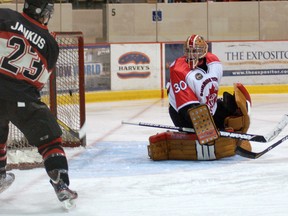 Brantford Blast's Jon Jankus scores a first-period goal on Orillia Tundras' Dan Earles Friday at the civic centre during Game 5 of their best-of-seven Allan Cup Hockey semifinal series. (DARRYL G. SMART The Expositor)