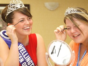 Wellington County Queen of the Furrow Cassandra Chornoboy, left, and her Niagara North Lincoln counterpart Sarah Keizer apply some mascara during a makeup and skincare seminar in Stratford Saturday for some 31 representatives from across the province vying to become Ontario Queen of the Furrow this fall. The seminars were held in conjunction with the annual convention of the Ontario Plowmen's Association at the Arden Park Hotel over the weekend. MIKE BEITZ The Beacon Herald