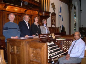 Foster Hill, seated, will lead a performance of "The Wondrous Passion" by Fred W. Peace at an Easter Cantana this Good Friday, with a choir and soloists, from left, John Worthington, Malcolm Heaton, Cecily Chiles, and Mary Abma. This file photo was taken in 2008 when the same music was featured in the annual cantata held at St. Andrew's Presbyterian Church in Sarnia. Sarnia, Ont., March 1, 2013  FILE PHOTO/THE O BSERVER/QMI AGENCY