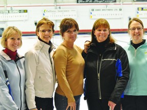 The rink of Rhonda Orr, Marla Boyd, Lorraine Dewar, Dora Lawrie and Linda Verburg from Fort Rouge CC in Winnipeg won the Portage Ladies Bonspiel for the second year in a row. (Kevin Hirschfield/PORTAGE DAILY GRAPHIC/QMI AGENCY)