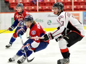 Timmins native and P.E.I. Rockets forward Erik Robichaud credits much of his current success with the time he spent playing hockey in Timmins and the Abitibi Eskimos, but it's his determination, hustle and team-centric mentality that keeps him playing in the QMJHL. Robichaud follows the puck with his eyes in a game against the Rouyn-Noranda Huskies on Saturday night at the Iamgold Arena