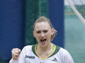 Alberta's Dione Lang celebrates at the CIS Women's Volleyball Championships in Sherbrooke, Que. Photo by Yves Longpre.