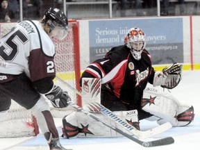 Lambton Shores Predators goalie Brandon Campbell faces a shot from Chatham Maroons' Michael Verboom in the first period Sunday at Memorial Arena. (MARK MALONE/The Daily News)